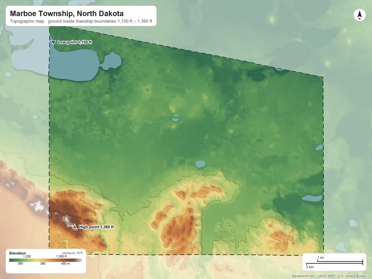 Topographic elevation map of Marboe Township, North Dakota, shaded from 1,150 ft on the northwest side to 1,360 ft on the southwest side