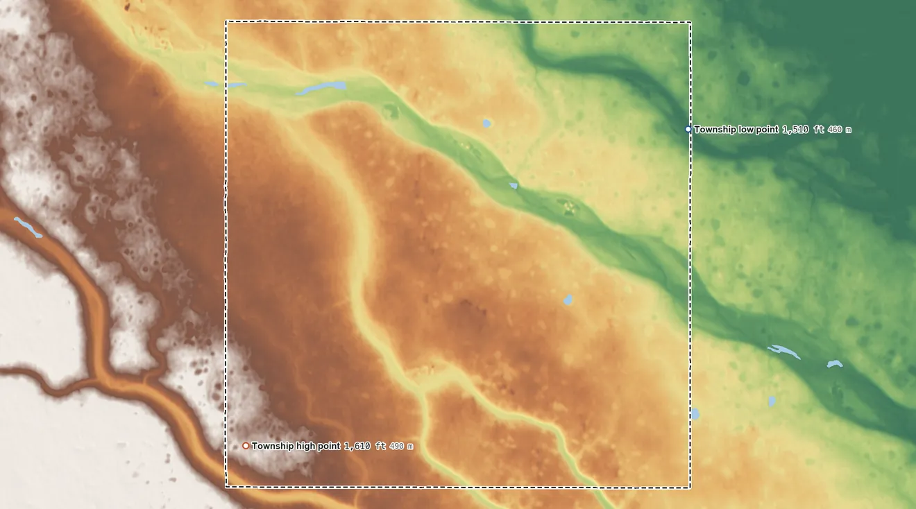 Topographic elevation map of Margaret Township, North Dakota, shaded from 1,510 ft on the east side to 1,610 ft on the southwest side