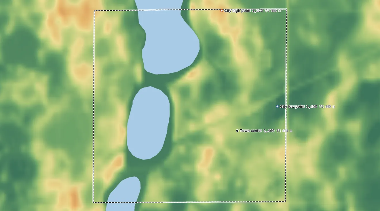Topographic elevation map of Marion, North Dakota, shaded from 1,450 ft on the northeast side to 1,470 ft on the north side