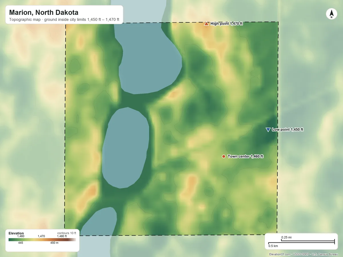 Topographic elevation map of Marion, North Dakota, shaded from 1,450 ft on the northeast side to 1,470 ft on the north side