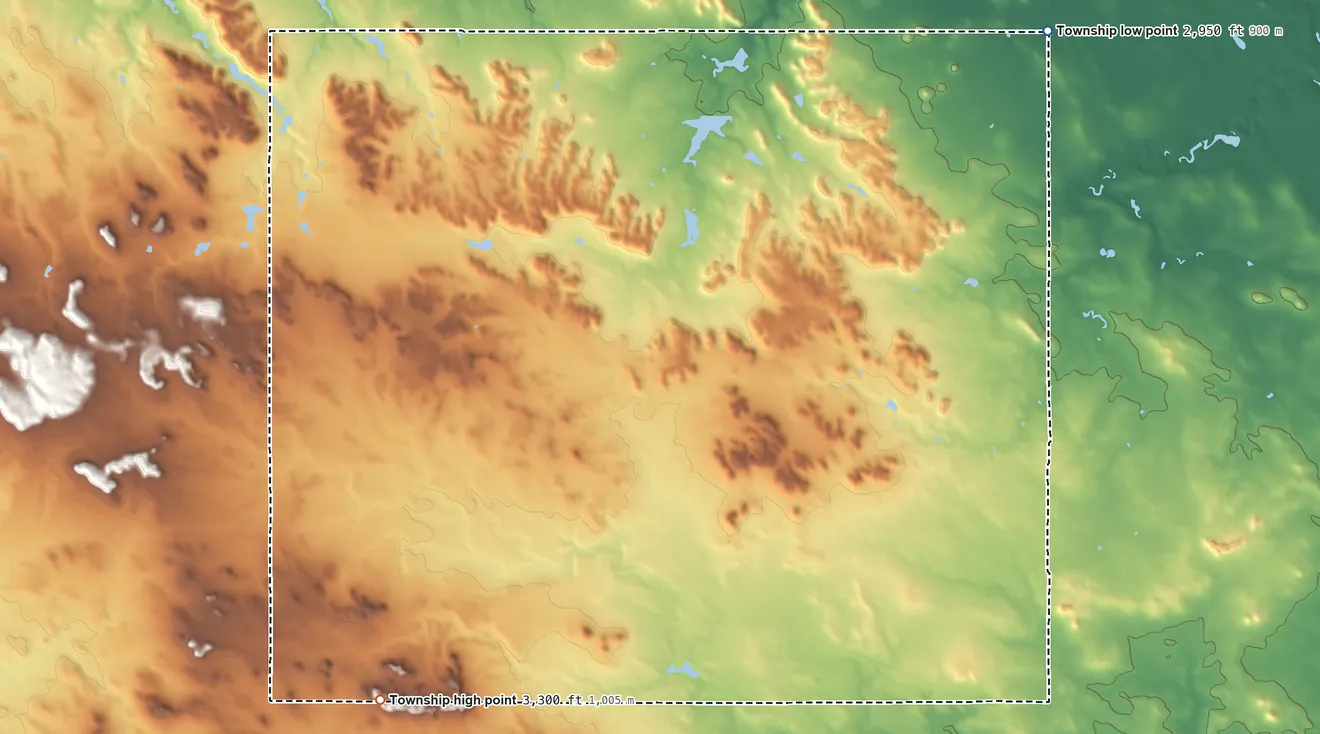 Topographic elevation map of Marion Township, North Dakota, shaded from 2,950 ft on the northeast side to 3,300 ft on the southwest side