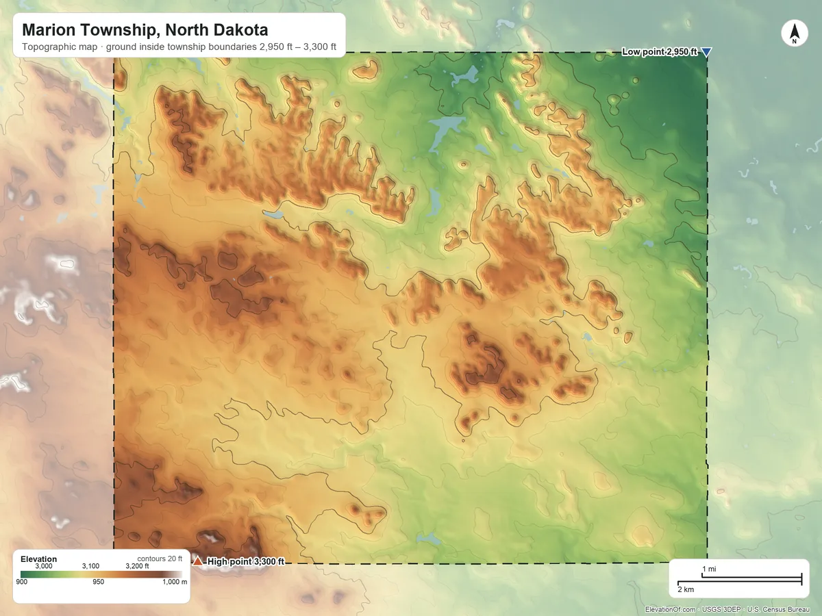 Topographic elevation map of Marion Township, North Dakota, shaded from 2,950 ft on the northeast side to 3,300 ft on the southwest side