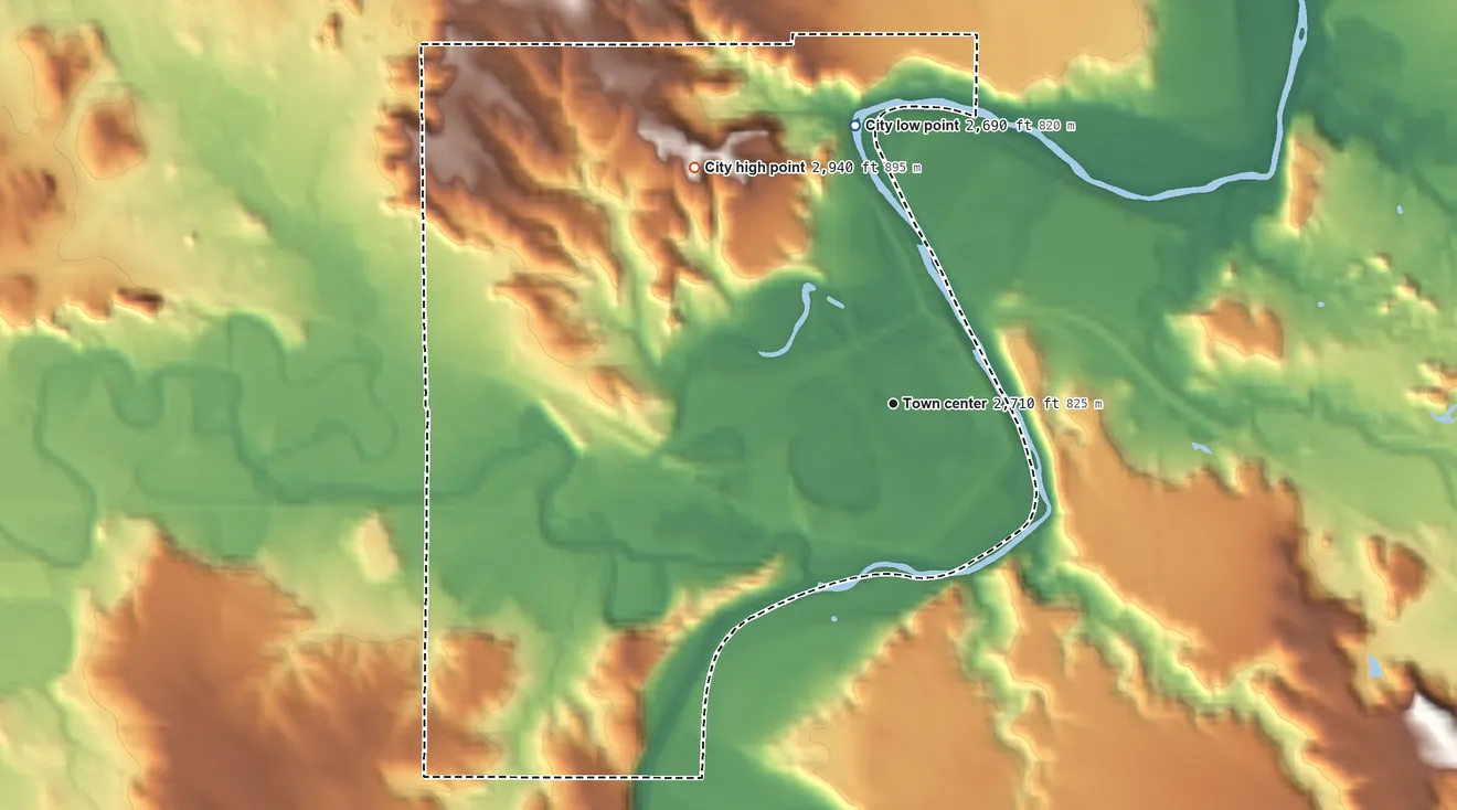Topographic elevation map of Marmarth, North Dakota, shaded from 2,690 ft on the north side to 2,940 ft on the northwest side