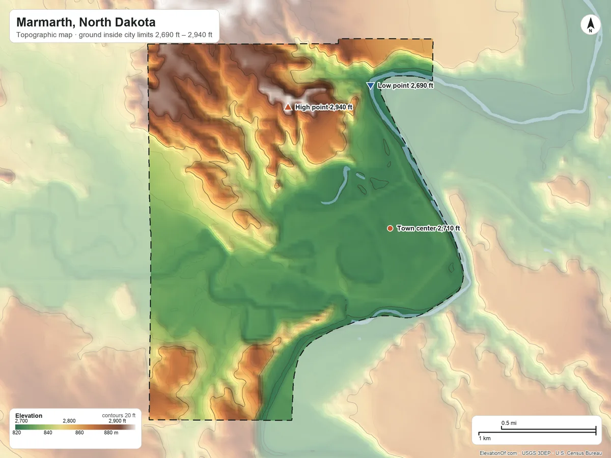 Topographic elevation map of Marmarth, North Dakota, shaded from 2,690 ft on the north side to 2,940 ft on the northwest side