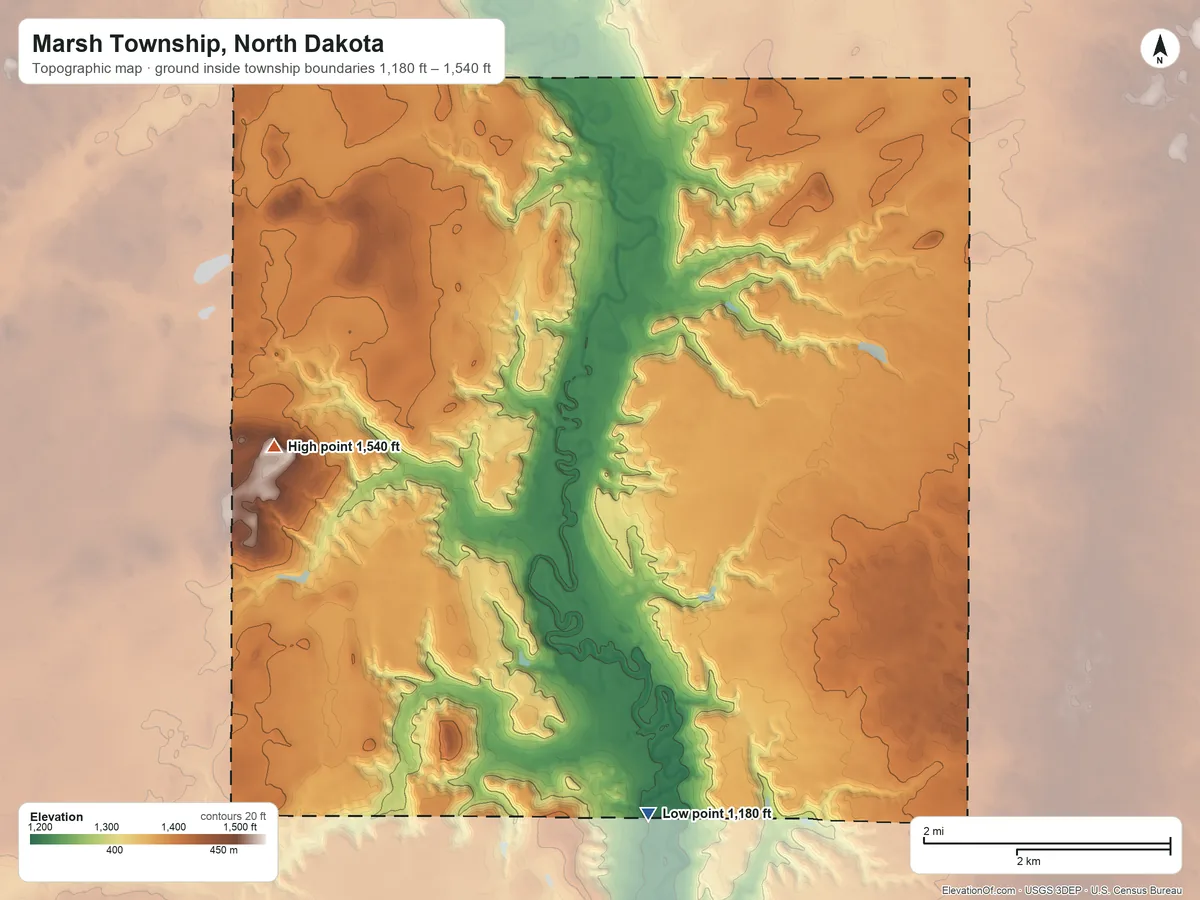 Topographic elevation map of Marsh Township, North Dakota, shaded from 1,180 ft on the south side to 1,540 ft on the west side