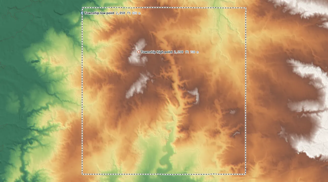 Topographic elevation map of Marshall Township, North Dakota, shaded from 2,090 ft on the northwest side to 2,390 ft on the northwest side