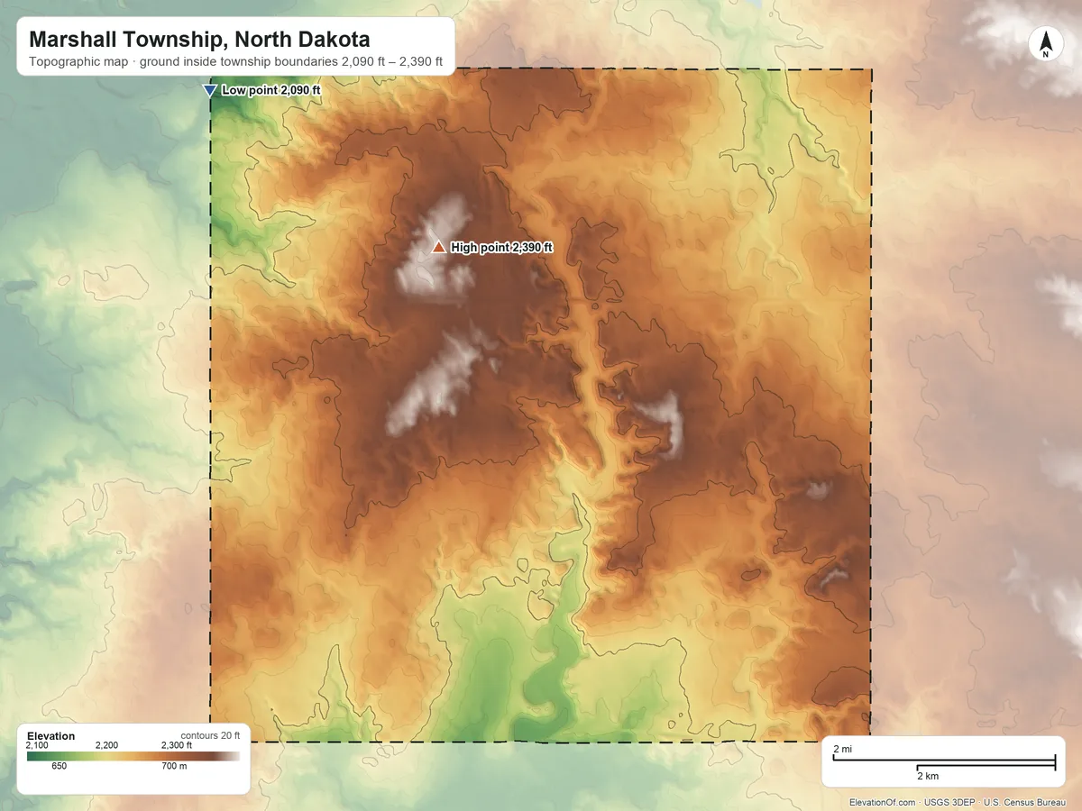 Topographic elevation map of Marshall Township, North Dakota, shaded from 2,090 ft on the northwest side to 2,390 ft on the northwest side