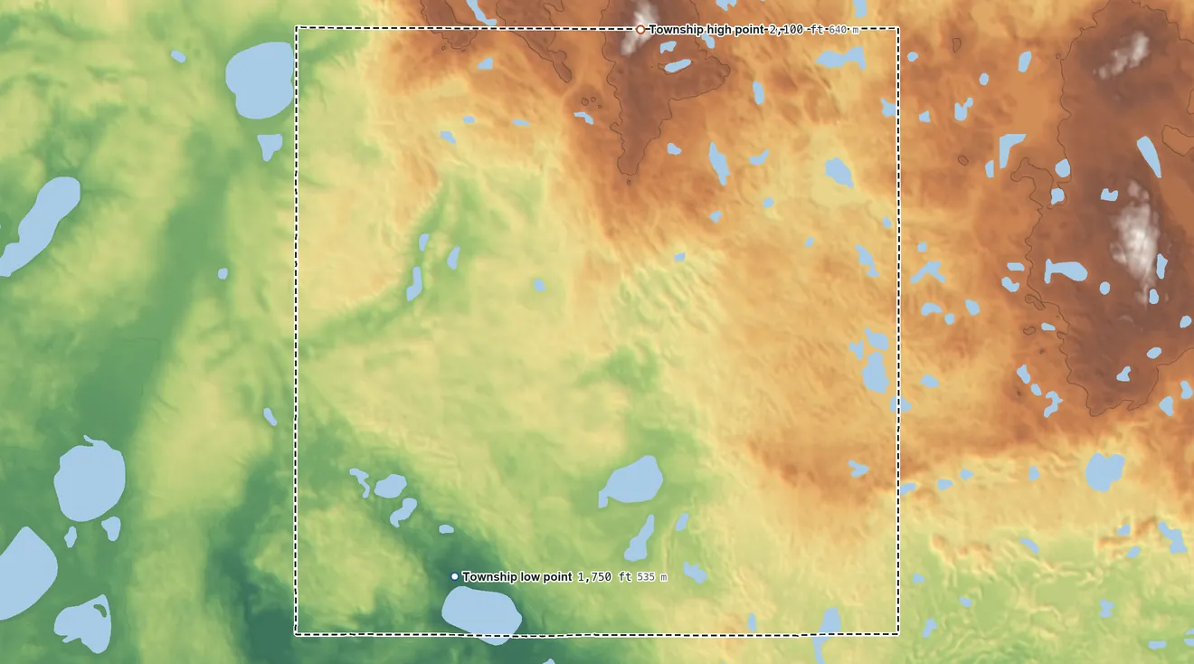 Topographic elevation map of Marstonmoor Township, North Dakota, shaded from 1,750 ft on the southwest side to 2,100 ft on the north side