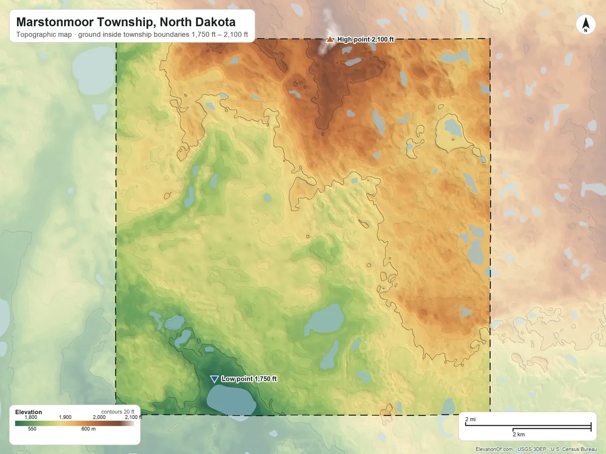 Topographic elevation map of Marstonmoor Township, North Dakota, shaded from 1,750 ft on the southwest side to 2,100 ft on the north side