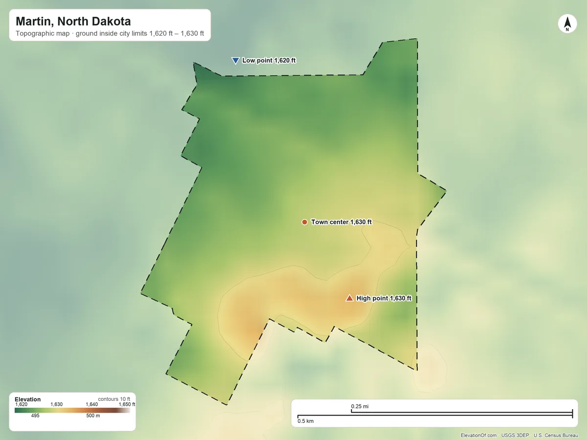 Topographic elevation map of Martin, North Dakota, shaded from 1,620 ft on the northwest side to 1,630 ft on the southeast side