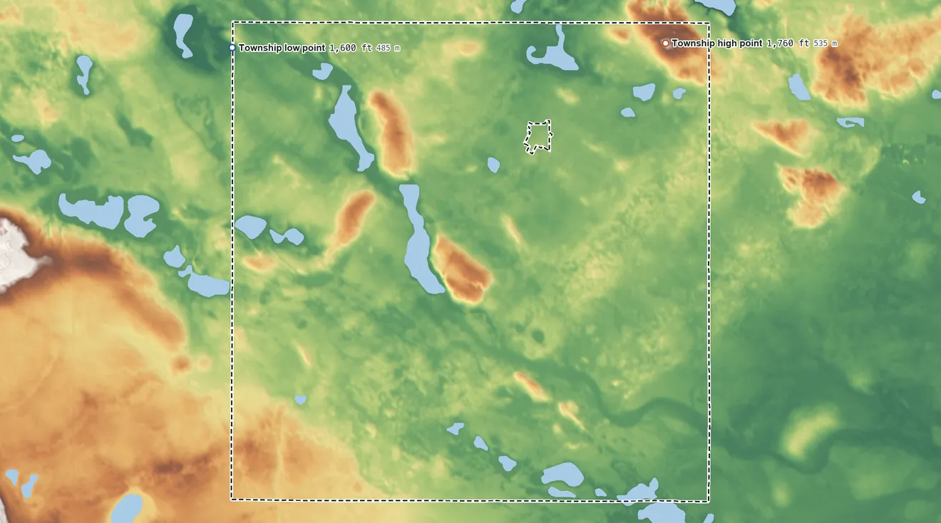 Topographic elevation map of Martin Township, Sheridan County, North Dakota, shaded from 1,600 ft on the northwest side to 1,760 ft on the northeast side