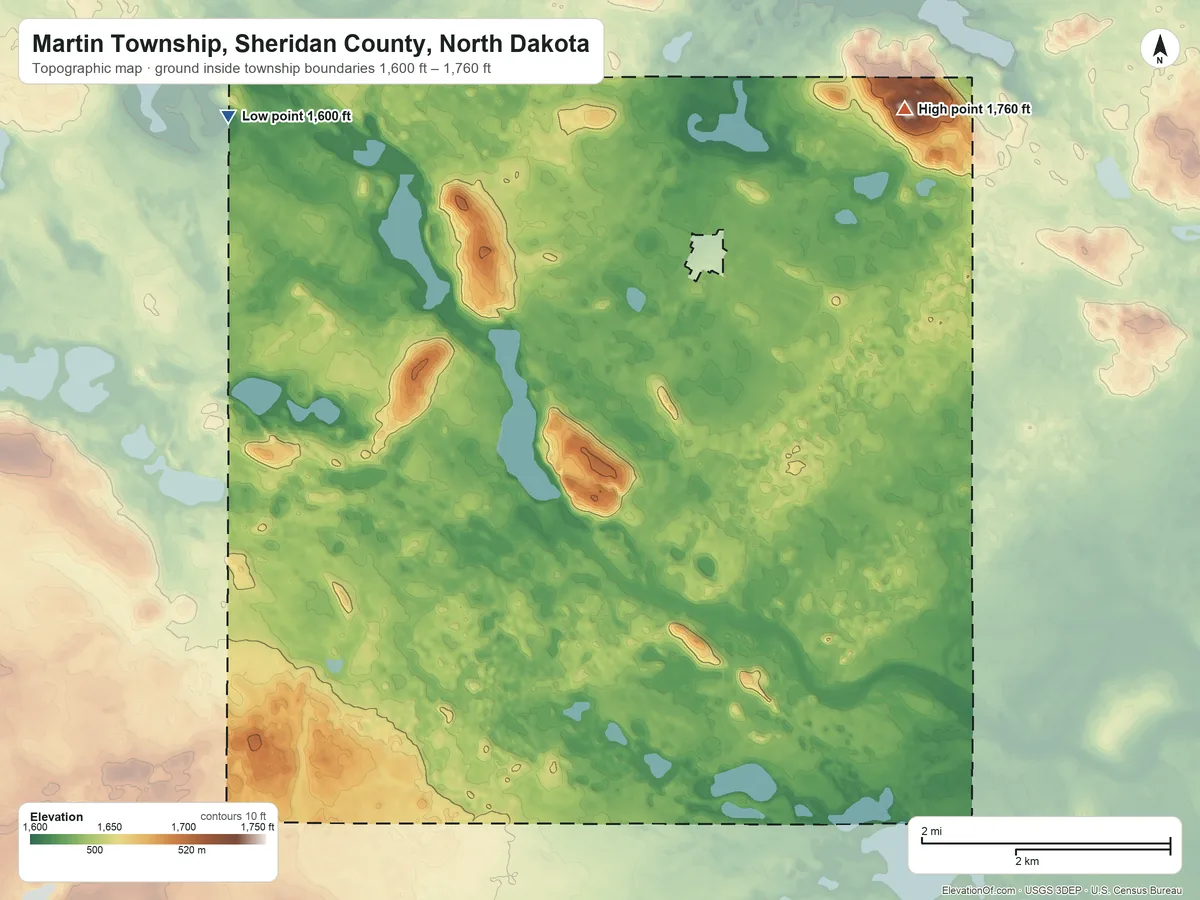 Topographic elevation map of Martin Township, Sheridan County, North Dakota, shaded from 1,600 ft on the northwest side to 1,760 ft on the northeast side