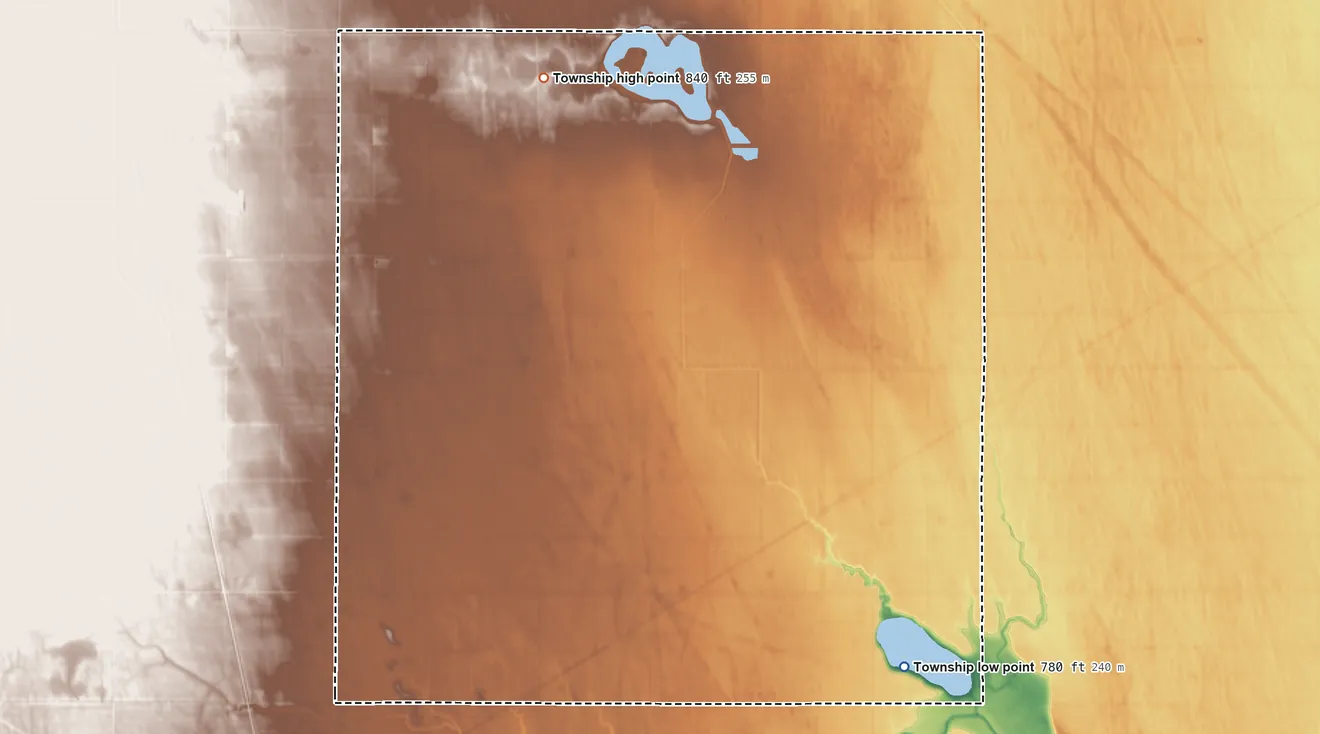 Topographic elevation map of Martin Township, North Dakota, shaded from 780 ft on the southeast side to 840 ft on the north side