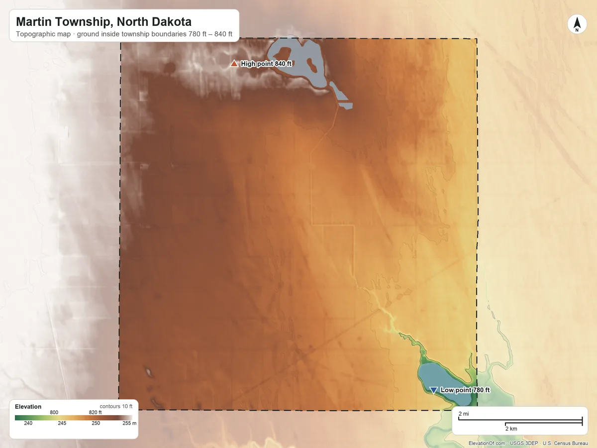 Topographic elevation map of Martin Township, North Dakota, shaded from 780 ft on the southeast side to 840 ft on the north side