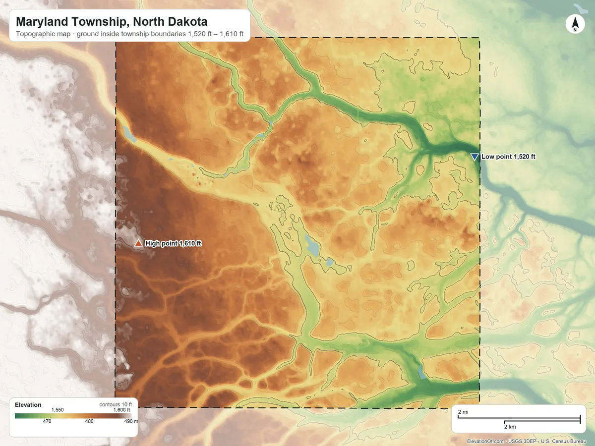 Topographic elevation map of Maryland Township, North Dakota, shaded from 1,520 ft on the northeast side to 1,610 ft on the west side