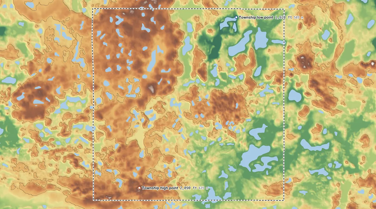 Topographic elevation map of Mauch Township, North Dakota, shaded from 1,920 ft on the north side to 2,090 ft on the southwest side