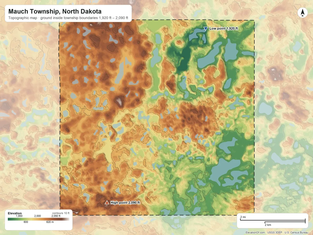 Topographic elevation map of Mauch Township, North Dakota, shaded from 1,920 ft on the north side to 2,090 ft on the southwest side