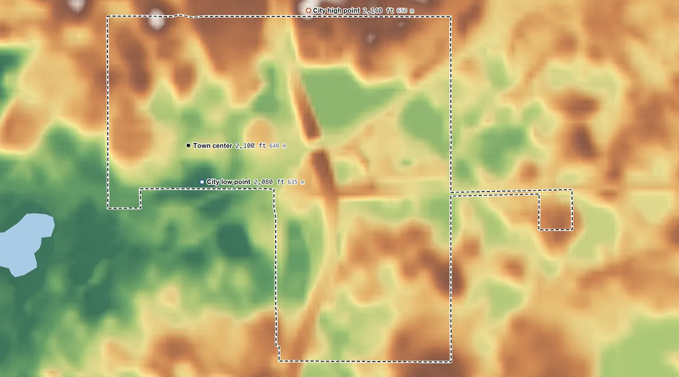 Topographic elevation map of Max, North Dakota, shaded from 2,080 ft near the middle to 2,140 ft on the northeast side