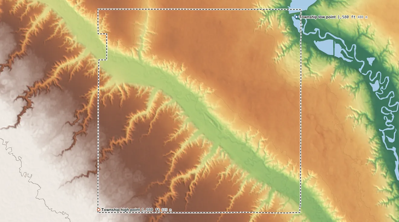 Topographic elevation map of Mayland Township, North Dakota, shaded from 1,580 ft on the northeast side to 1,980 ft on the west side