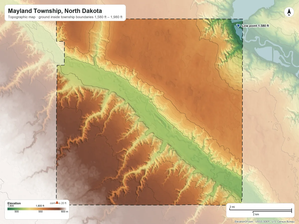 Topographic elevation map of Mayland Township, North Dakota, shaded from 1,580 ft on the northeast side to 1,980 ft on the west side