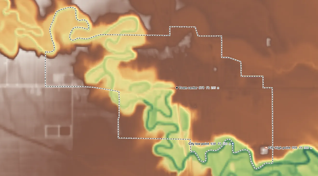 Topographic elevation map of Mayville, North Dakota, shaded from 930 ft on the southeast side to 990 ft on the southeast side