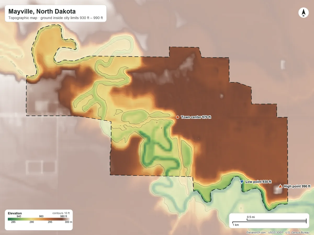 Topographic elevation map of Mayville, North Dakota, shaded from 930 ft on the southeast side to 990 ft on the southeast side