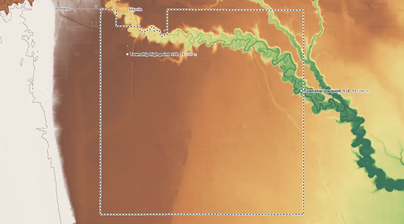 Topographic elevation map of Mayville Township, North Dakota, shaded from 910 ft on the east side to 990 ft on the west side