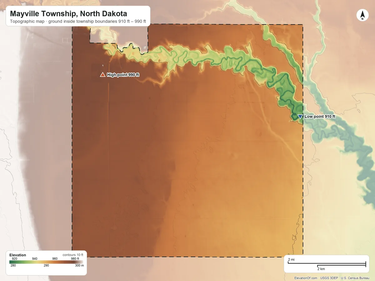 Topographic elevation map of Mayville Township, North Dakota, shaded from 910 ft on the east side to 990 ft on the west side