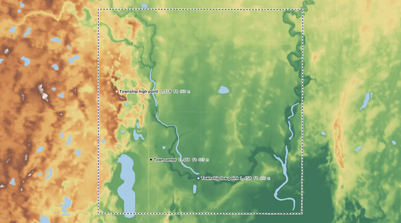 Topographic elevation map of Maza Township, North Dakota, shaded from 1,450 ft on the east side to 1,510 ft on the northwest side