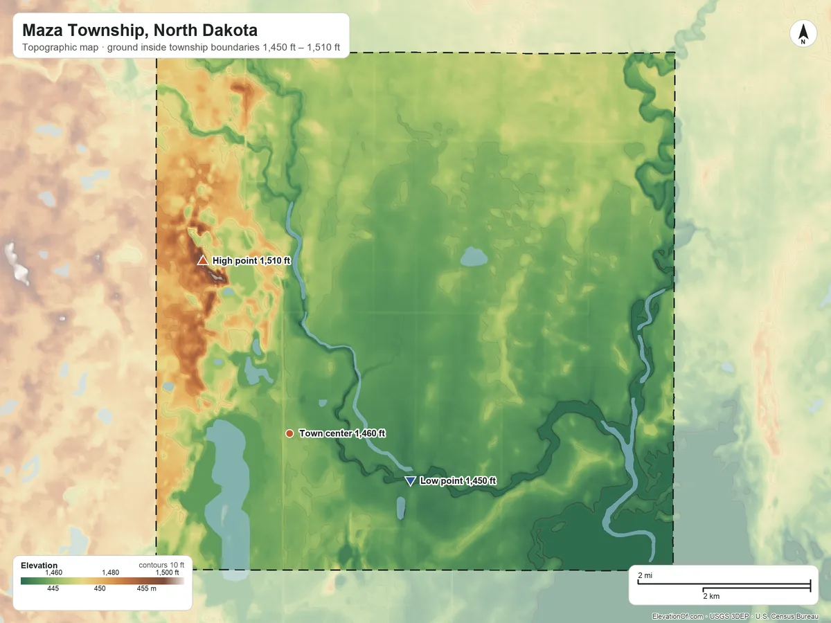 Topographic elevation map of Maza Township, North Dakota, shaded from 1,450 ft on the east side to 1,510 ft on the northwest side