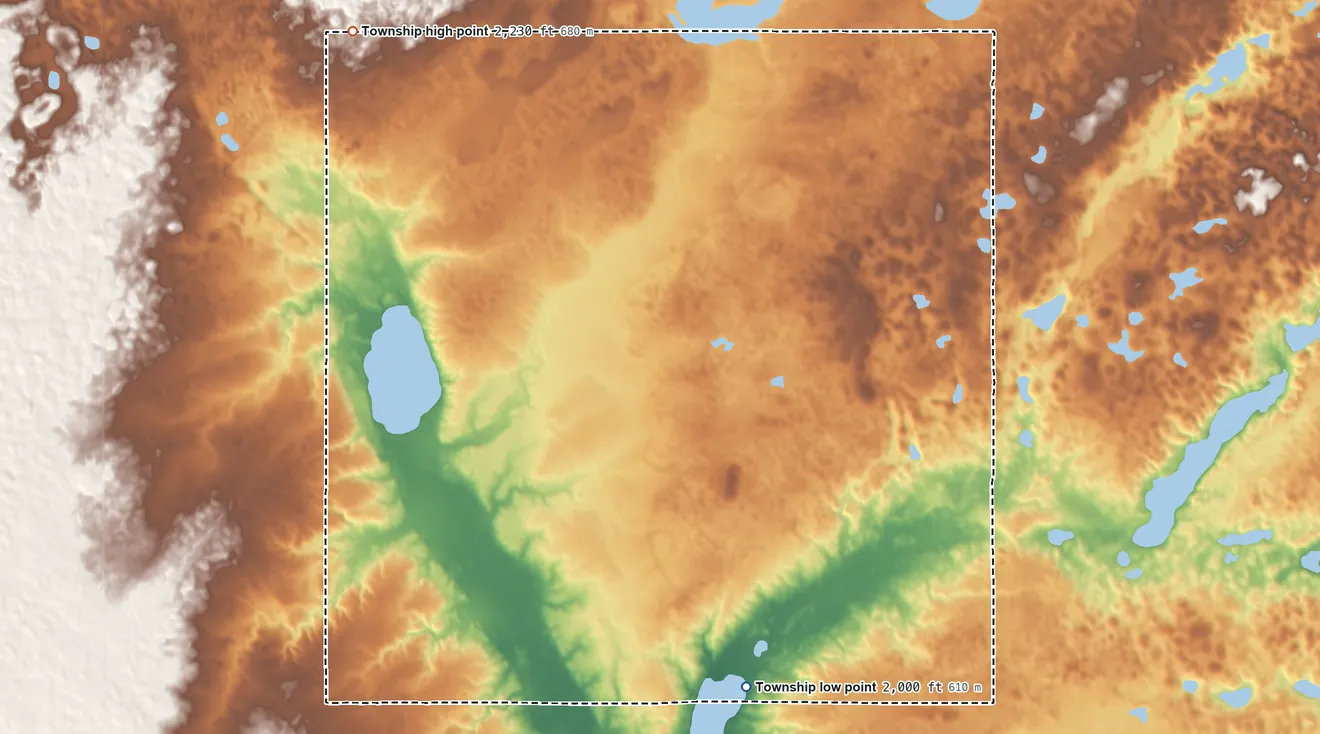 Topographic elevation map of McAlmond Township, North Dakota, shaded from 2,000 ft on the south side to 2,230 ft on the northwest side