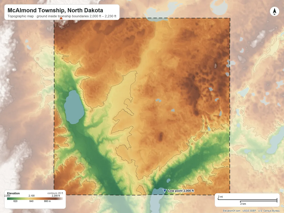 Topographic elevation map of McAlmond Township, North Dakota, shaded from 2,000 ft on the south side to 2,230 ft on the northwest side