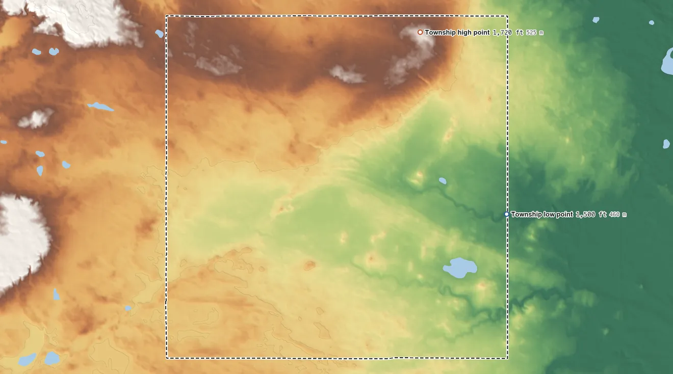 Topographic elevation map of McClellan Township, North Dakota, shaded from 1,500 ft on the southeast side to 1,720 ft on the northwest side