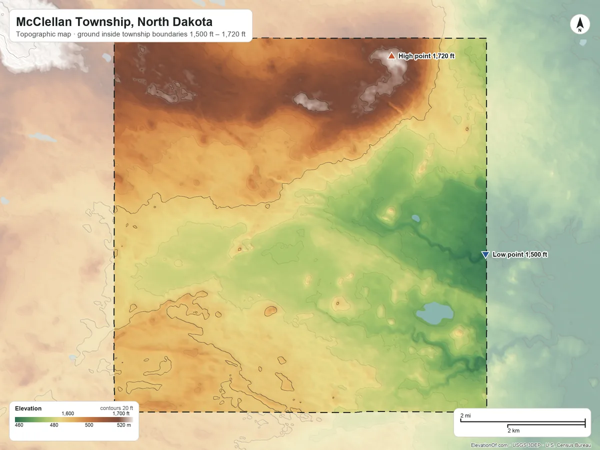 Topographic elevation map of McClellan Township, North Dakota, shaded from 1,500 ft on the southeast side to 1,720 ft on the northwest side