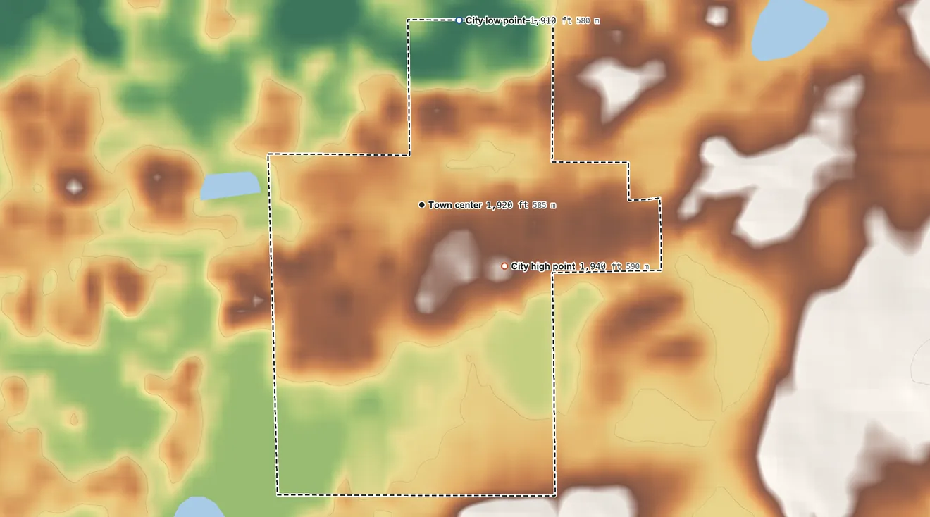 Topographic elevation map of McClusky, North Dakota, shaded from 1,910 ft on the north side to 1,940 ft on the southeast side