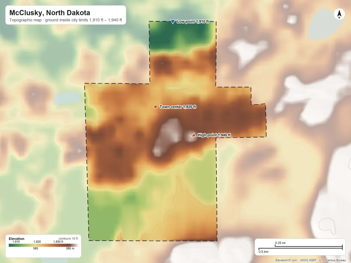Topographic elevation map of McClusky, North Dakota, shaded from 1,910 ft on the north side to 1,940 ft on the southeast side