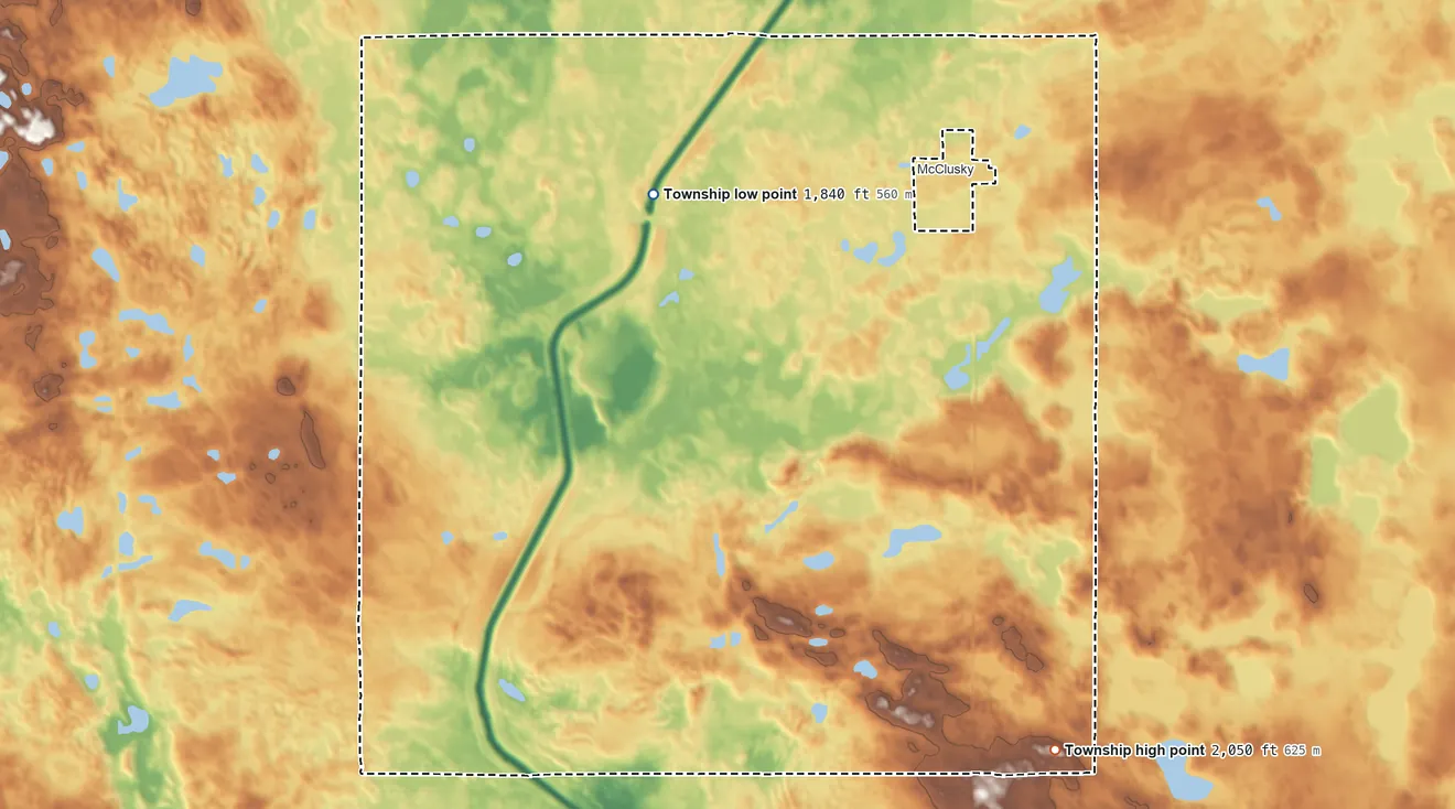 Topographic elevation map of McClusky Township, North Dakota, shaded from 1,840 ft on the west side to 2,050 ft on the southeast side