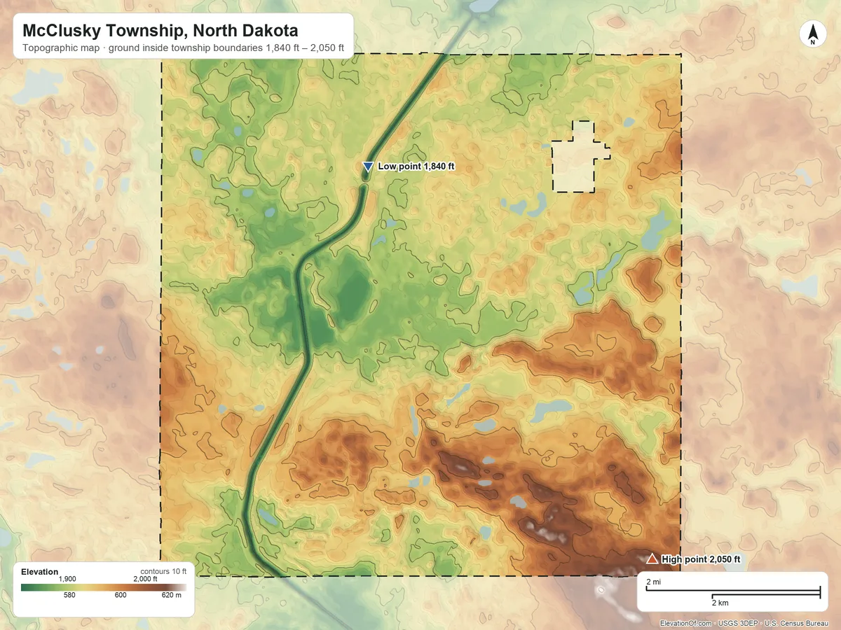 Topographic elevation map of McClusky Township, North Dakota, shaded from 1,840 ft on the west side to 2,050 ft on the southeast side