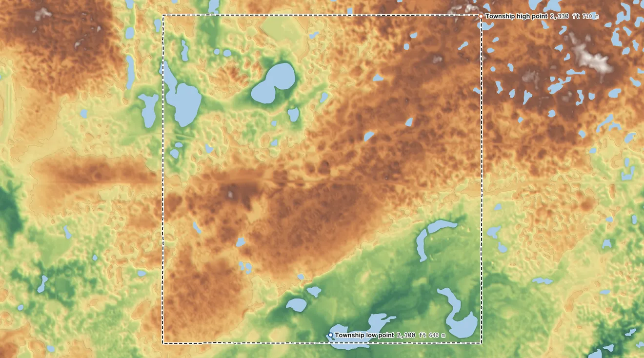 Topographic elevation map of McGahan Township, North Dakota, shaded from 2,100 ft on the southwest side to 2,330 ft on the northeast side