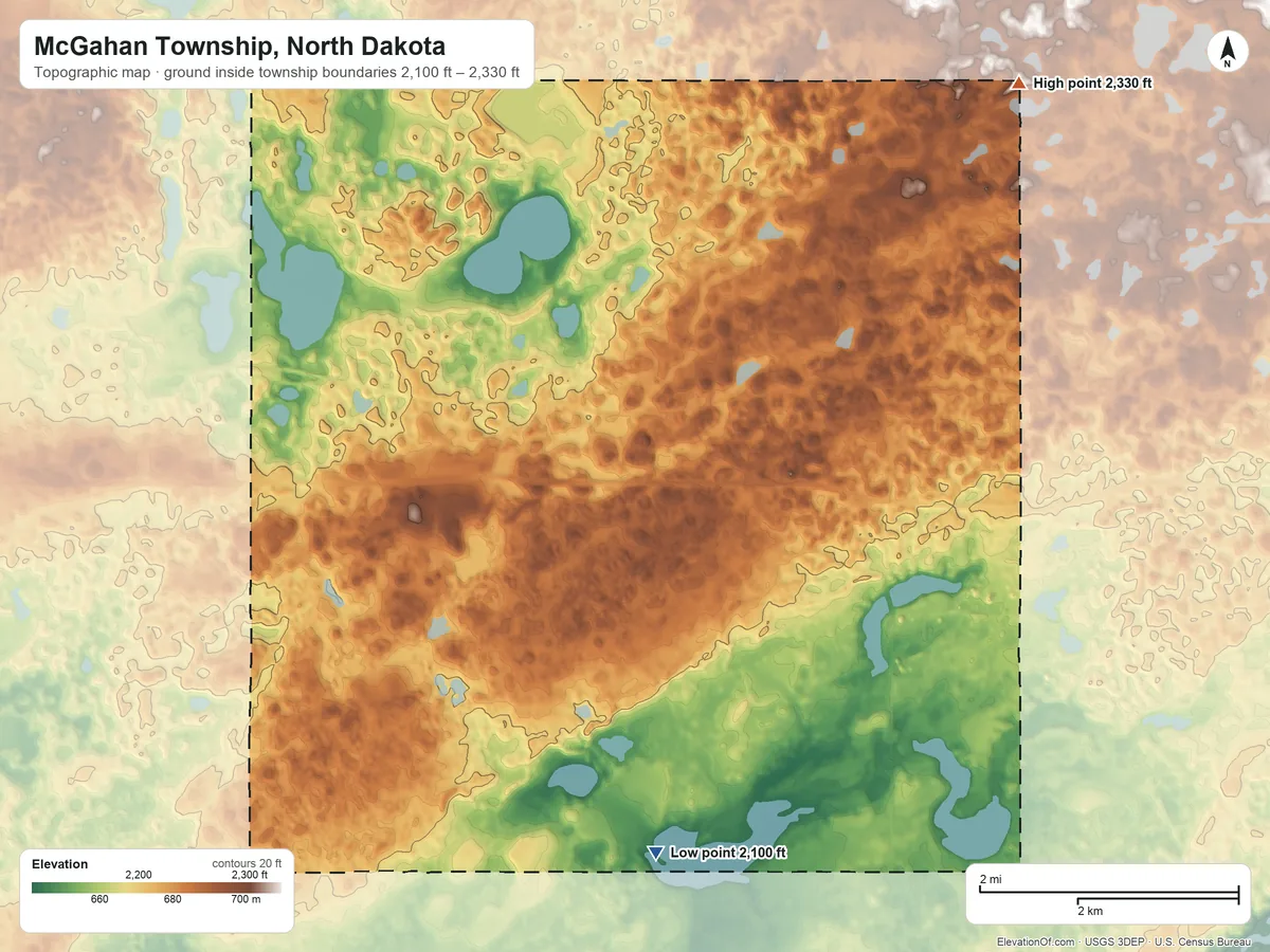 Topographic elevation map of McGahan Township, North Dakota, shaded from 2,100 ft on the southwest side to 2,330 ft on the northeast side