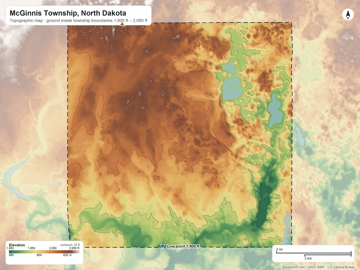 Topographic elevation map of McGinnis Township, North Dakota, shaded from 1,900 ft on the south side to 2,060 ft on the north side