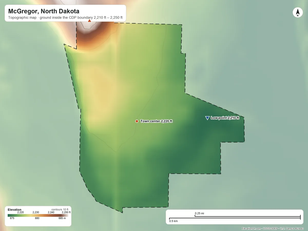 Topographic elevation map of McGregor, North Dakota, shaded from 2,210 ft on the east side to 2,250 ft on the northwest side