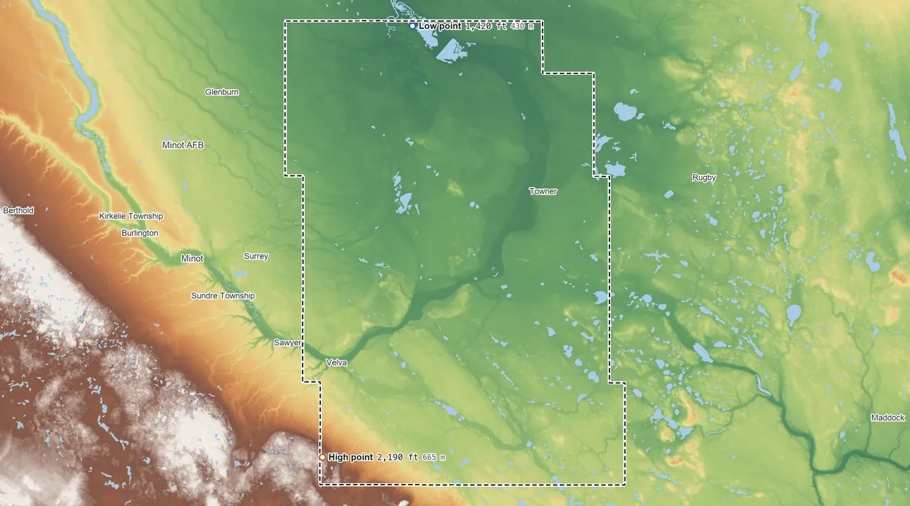 Topographic elevation map of McHenry County, North Dakota, shaded from 1,420 ft on the north side to 2,190 ft on the southwest side