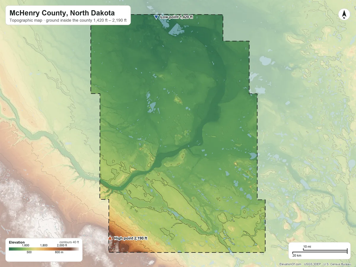 Topographic elevation map of McHenry County, North Dakota, shaded from 1,420 ft on the north side to 2,190 ft on the southwest side