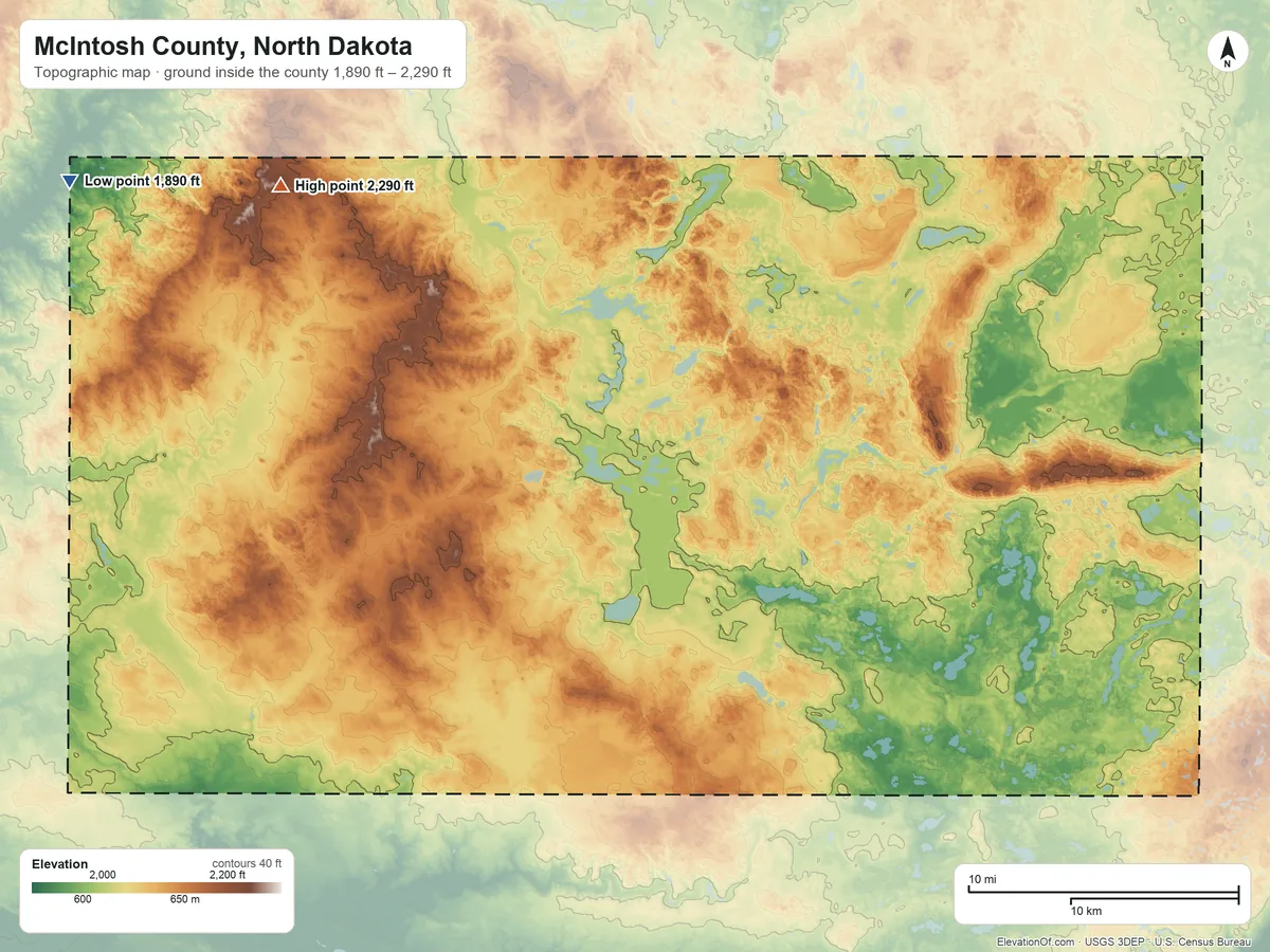 Topographic elevation map of McIntosh County, North Dakota, shaded from 1,890 ft on the northwest side to 2,290 ft on the northwest side