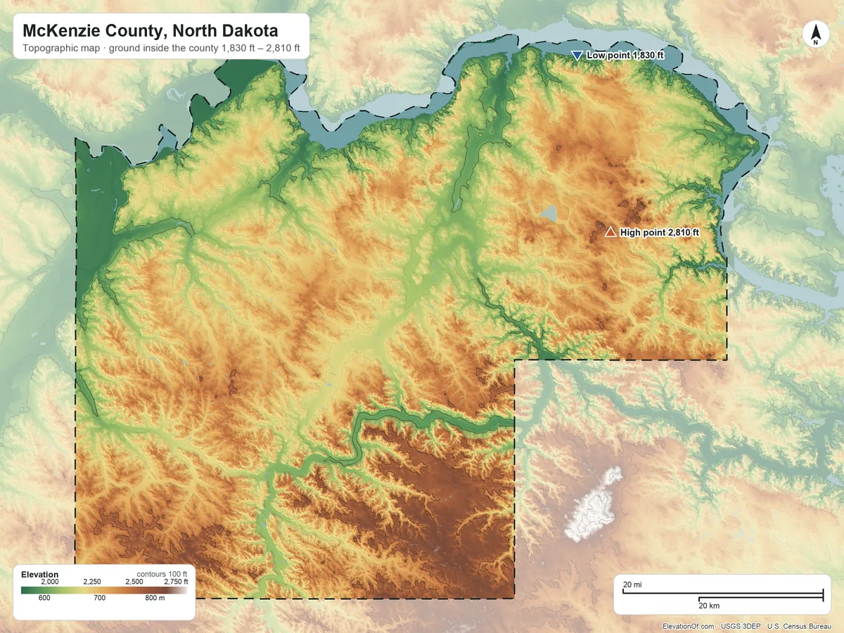 Topographic elevation map of McKenzie County, North Dakota, shaded from 1,830 ft on the northeast side to 2,810 ft on Saddle Butte