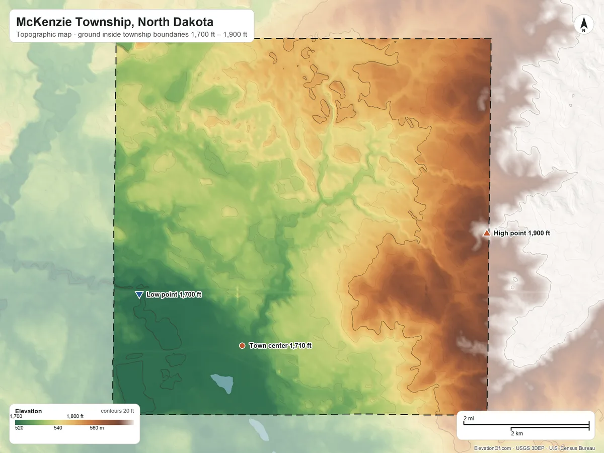 Topographic elevation map of McKenzie Township, North Dakota, shaded from 1,700 ft on the northwest side to 1,900 ft on the northeast side