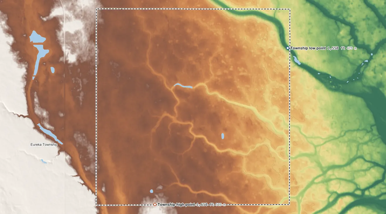 Topographic elevation map of McKinley Township, North Dakota, shaded from 1,550 ft on the northeast side to 1,650 ft on the south side
