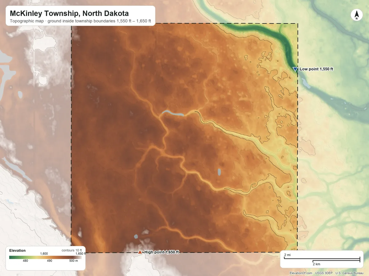 Topographic elevation map of McKinley Township, North Dakota, shaded from 1,550 ft on the northeast side to 1,650 ft on the south side