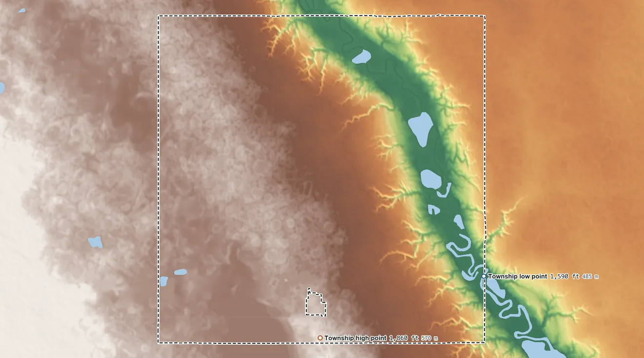 Topographic elevation map of McKinney Township, North Dakota, shaded from 1,590 ft on the southeast side to 1,860 ft on the south side